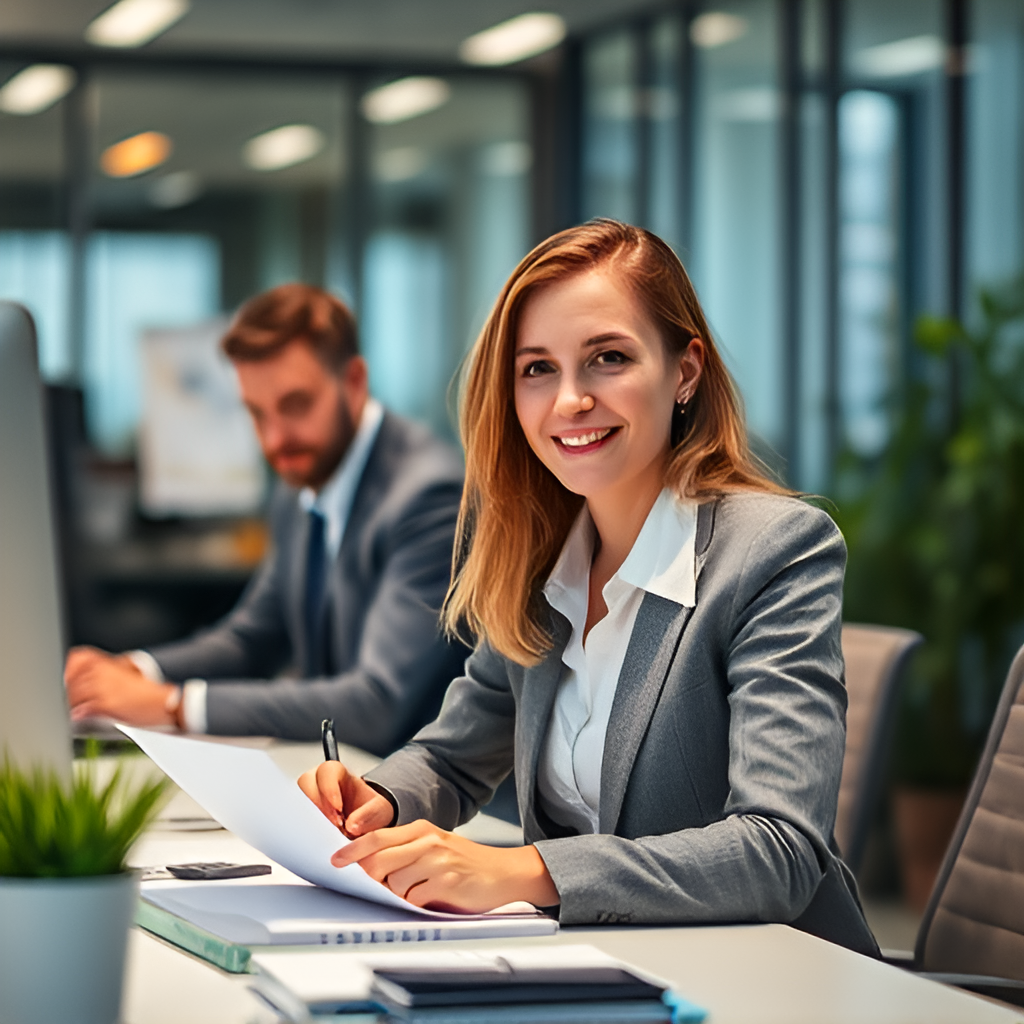 work environment with in the background a businesswoman interim manager