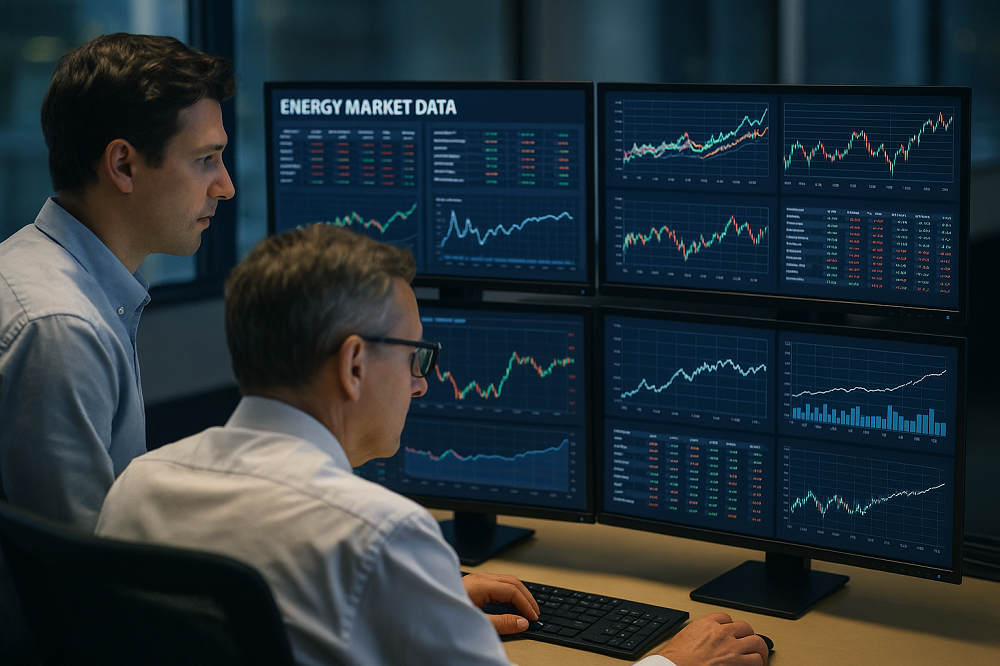 Mastering Endur: A Guide to Energy Trading & Risk Management 2 Analysts reviewing energy market data on multiple screens.