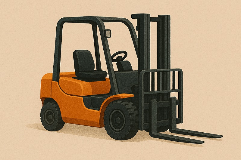 Ein moderner, orangefarbener Gabelstapler mit robustem Design und klaren Linien, ideal für effiziente Lagerlogistik und den industriellen Einsatz.