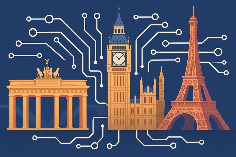 A collage of European landmarks – e.g., Berlin’s Brandenburg Gate, London’s Big Ben, Paris’s Eiffel Tower – each connected by a network or circuit lines, symbolizing the spread of AI development across these countries.