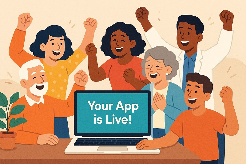 A forward-looking scene of a diverse group of people – different ages, professions – celebrating around a computer or device that displays a “Your App is Live!” message, symbolizing the empowerment and excitement of creating software with AI assistance.