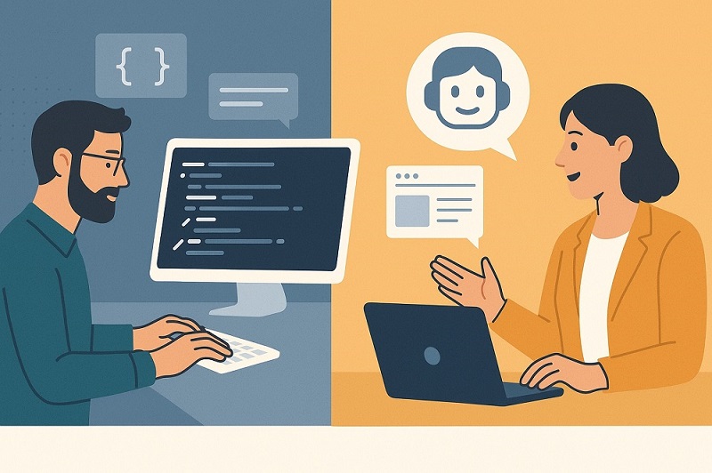 A split-scene illustration showing two personas – one a professional software engineer writing code, and another a non-technical business user describing what they need to an AI – both contributing to creating a software solution together.