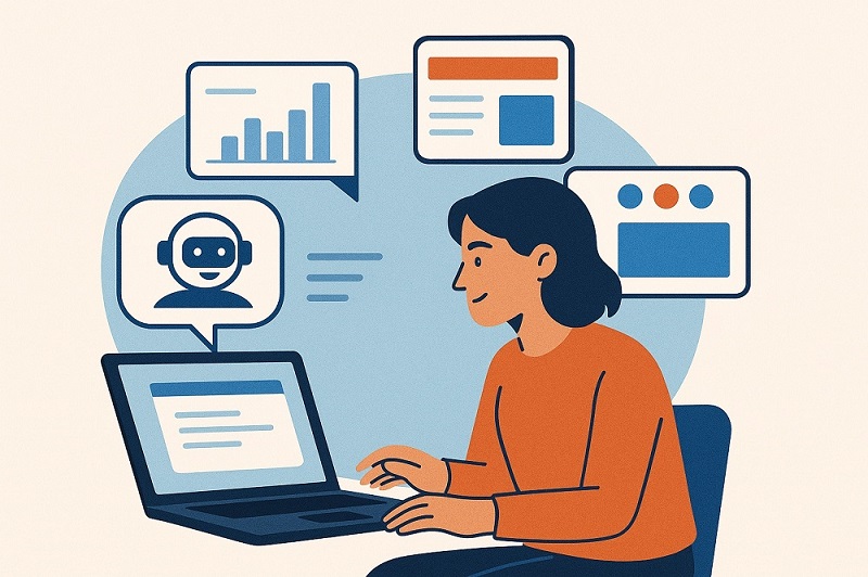 An illustration of a person interacting with an AI assistant on a laptop, and software application screens emerging from the conversation.