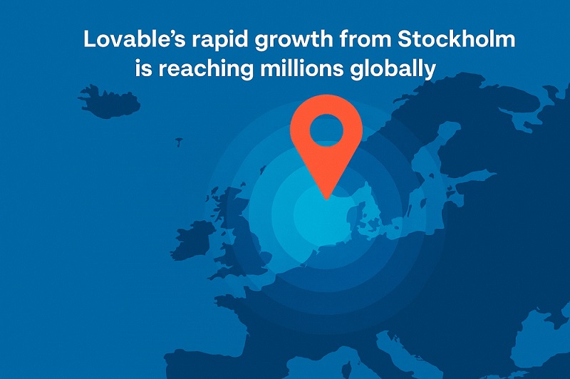 A world map or a European map with a big marker on Sweden, radiating outward, symbolizing how an innovation from Stockholm is reaching millions globally. Alternatively, a chart skyrocketing upward labeled with user and revenue milestones, showing Lovable’s rapid growth.