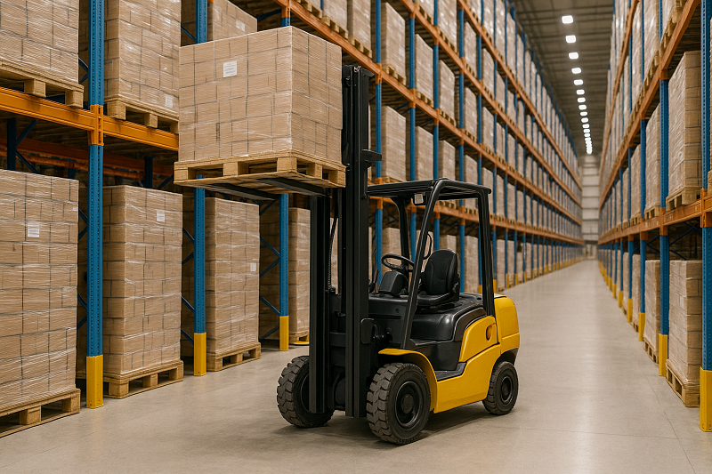 Ein Gabelstapler im Einsatz in einem Hochregallager Zwischen deckenhohen Regalreihen bewegt der Stapler Paletten. Das Bild verdeutlicht die zentrale Rolle dieser Fahrzeuge in Warenlagern.