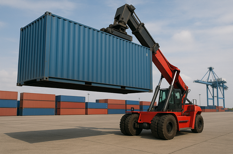 Ein Schwerlast-Gabelstapler hebt einen Container auf einem Hafenterminal. Solche Spezialstapler können Dutzende Tonnen bewegen und kommen in Häfen und Industriebetrieben zum Einsatz.