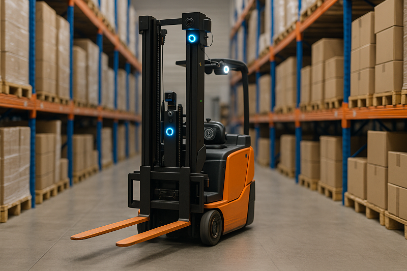 Ein autonomer Gabelstapler navigiert selbstständig durch ein Lager. Sensoren und Kameras helfen dem Fahrzeug, Hindernisse zu erkennen und sicher zu manövrieren.