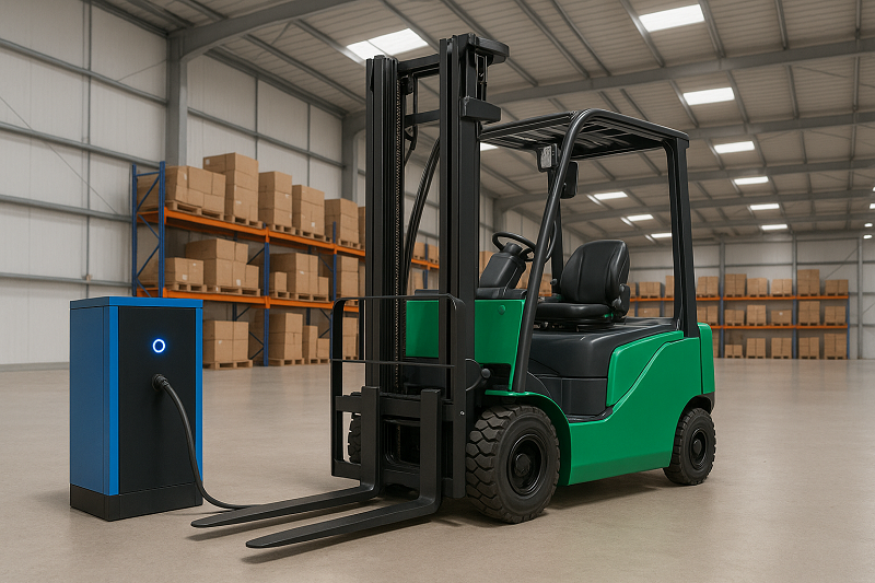 Ein moderner Elektro-Stapler beim Ladevorgang in einer Lagerhalle. Flurförderzeuge mit Batterie- oder Brennstoffzellenantrieb verursachen keine lokalen Emissionen.